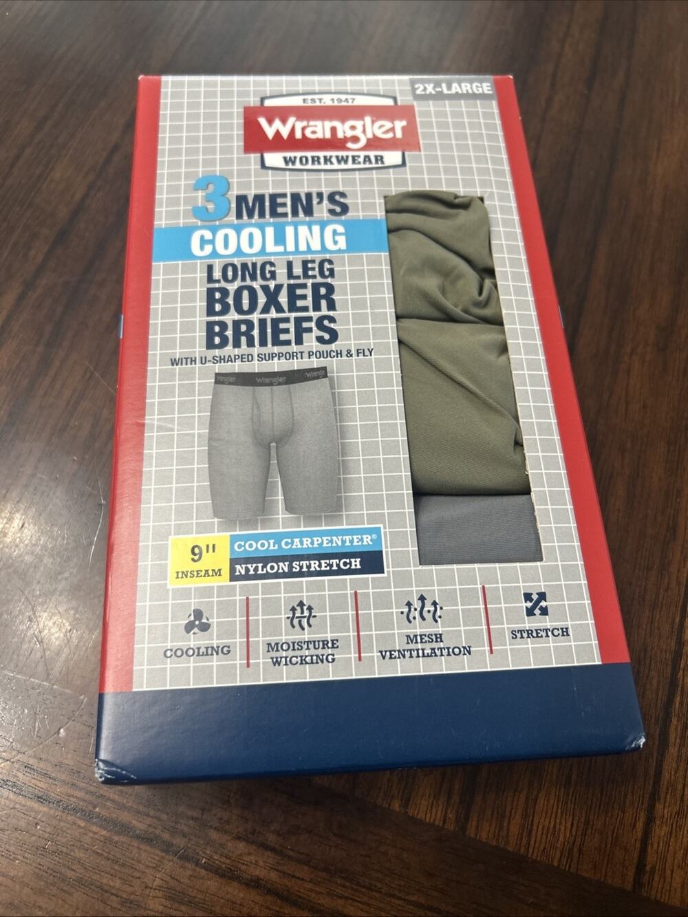 Wrangler Workwear Cooling Long Leg Boxer Briefs 2XL-3pk with U-Shape Pouch & Fly